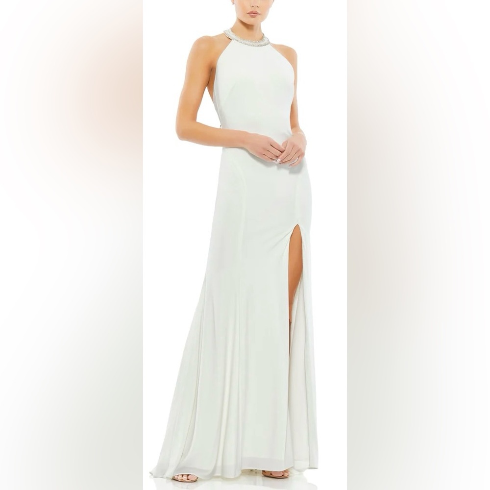 👗 NWT! Mac Duggal Beaded Halter Jersey Knit Dress